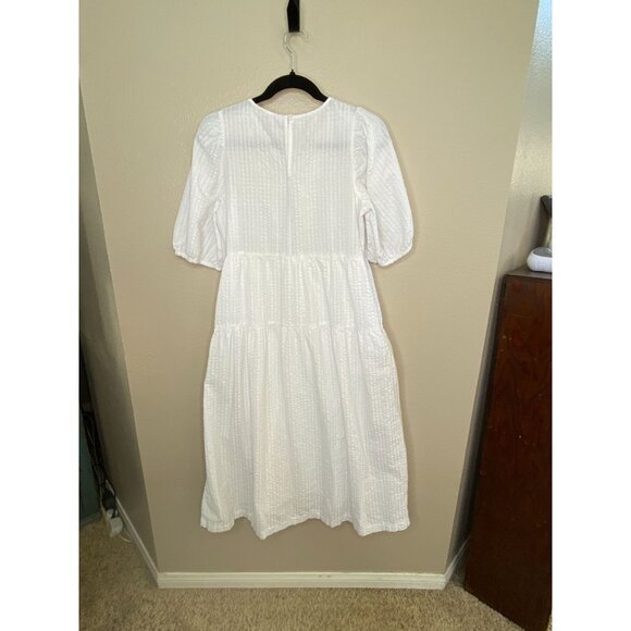 Old Navy Women’s White Textured Midi‎ Dress Puff Sleeves Lightweight Cotton M - Picture 5 of 7